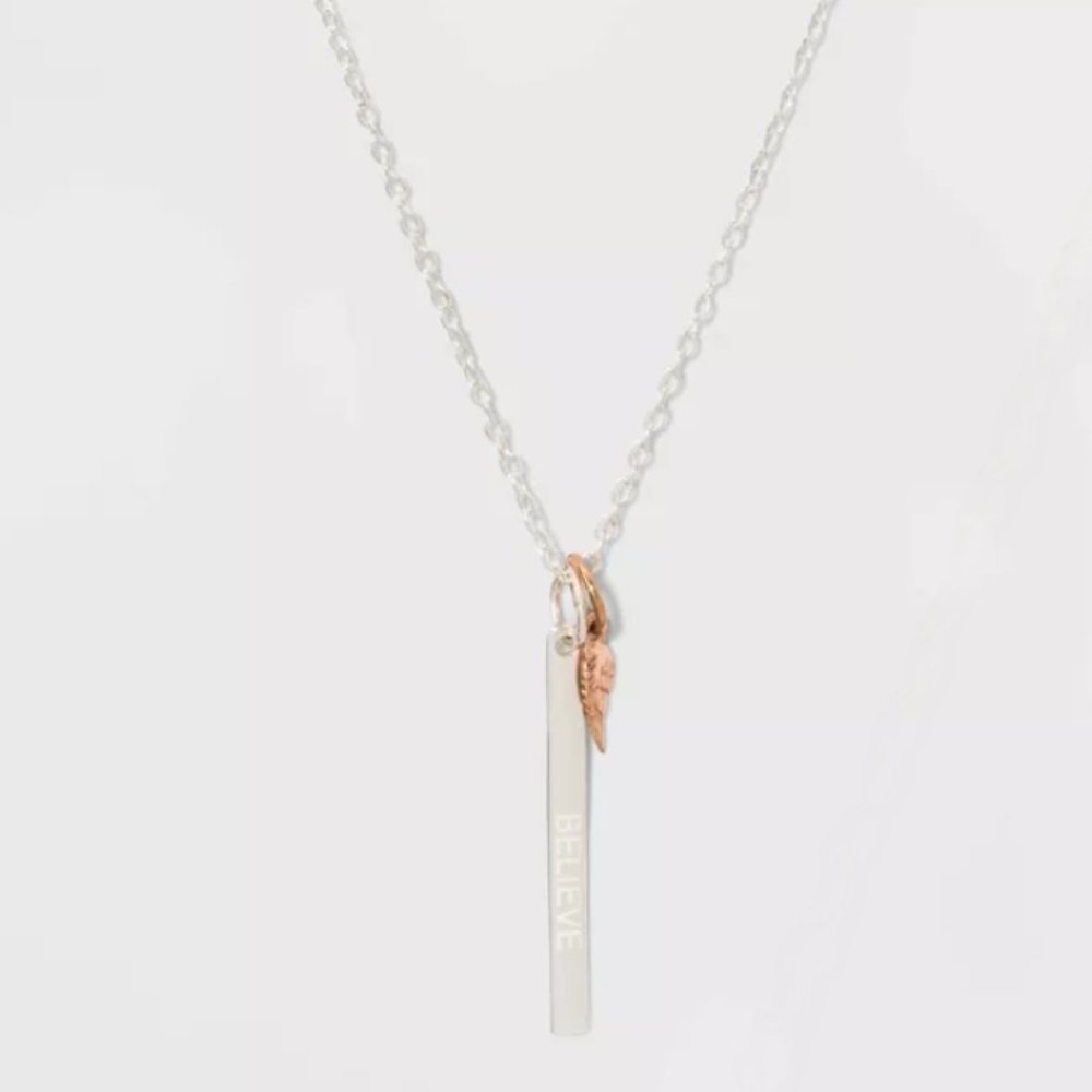 Sterling Silver Believe Bar and Wing Necklace